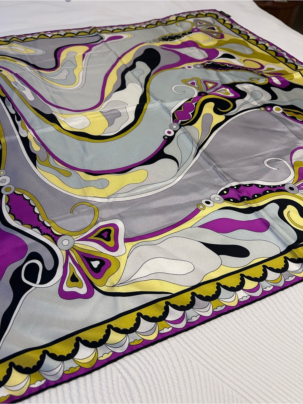 Vintage Emilio Pucci Silk Scarf in Yellow, Purple, Black, Gray, White - Picture 2 of 5